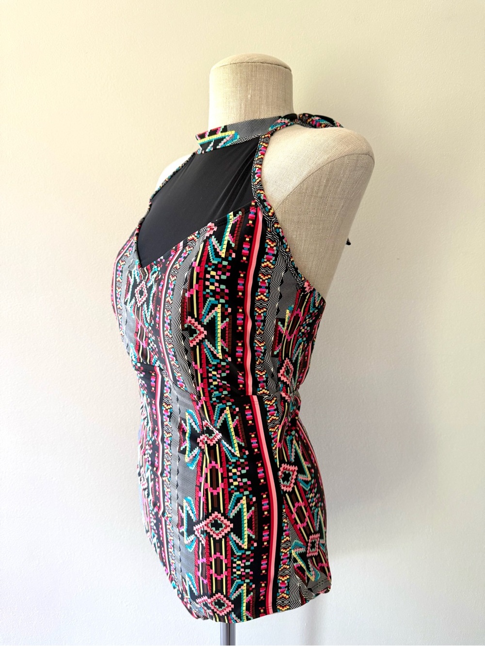Forever 21 Black & Multicolor High-Neck Tribal Halter Swimsuit - Picture 4 of 11